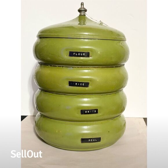 Vintage Avocado Green Mid-Century Modern Stacking Canister Set of 4 - Picture 1 of 4